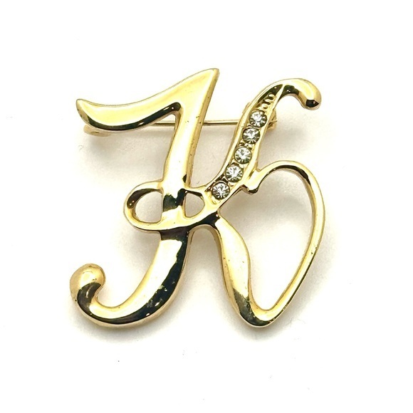 Vintage Letter K Rhinestone Initial Brooch Lapel Pin Gold Tone - Picture 1 of 2